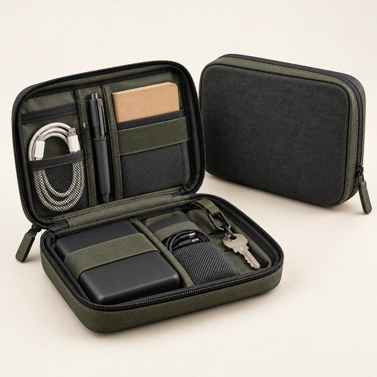 Ge&ouml;ffneter olivgr&uuml;ner Rucksack Organizer mit F&auml;chern und Zubeh&ouml;r