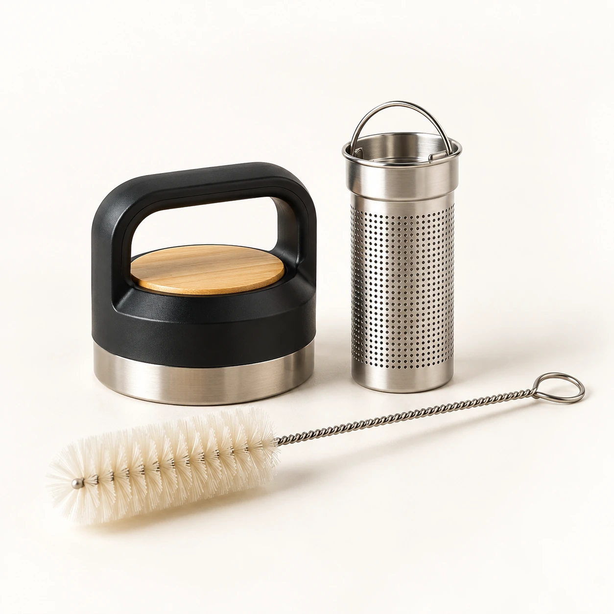 Water bottle accessory set with lid, stainless steel filter, and cleaning brush