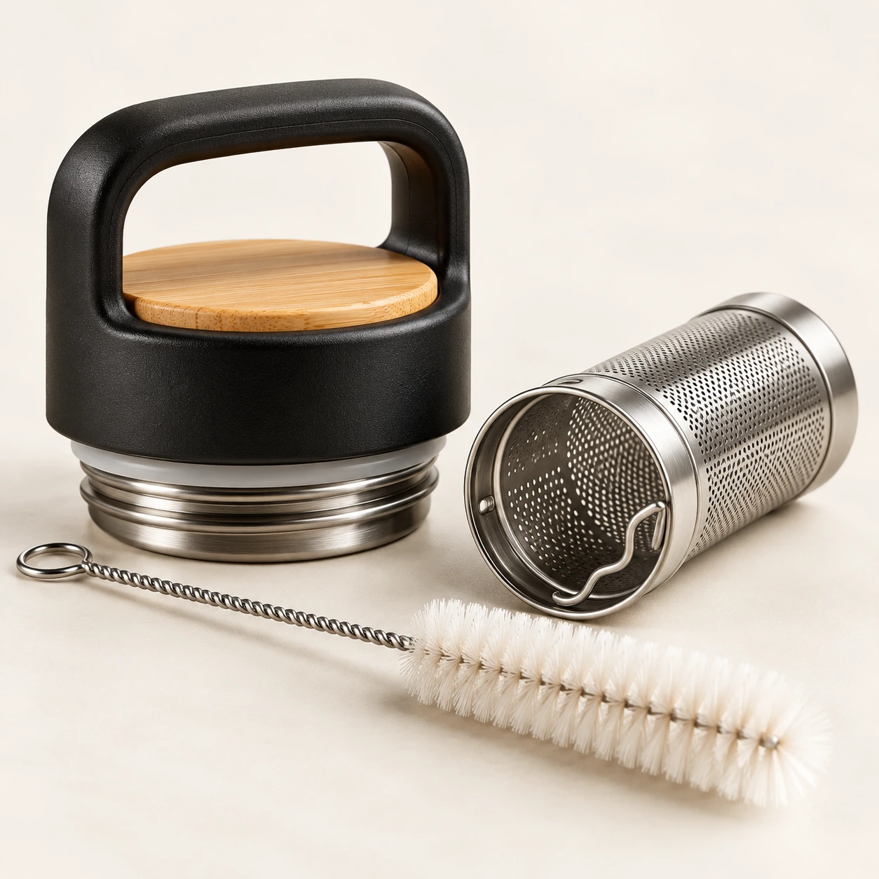 Detailed view of lid, stainless steel filter, and cleaning brush