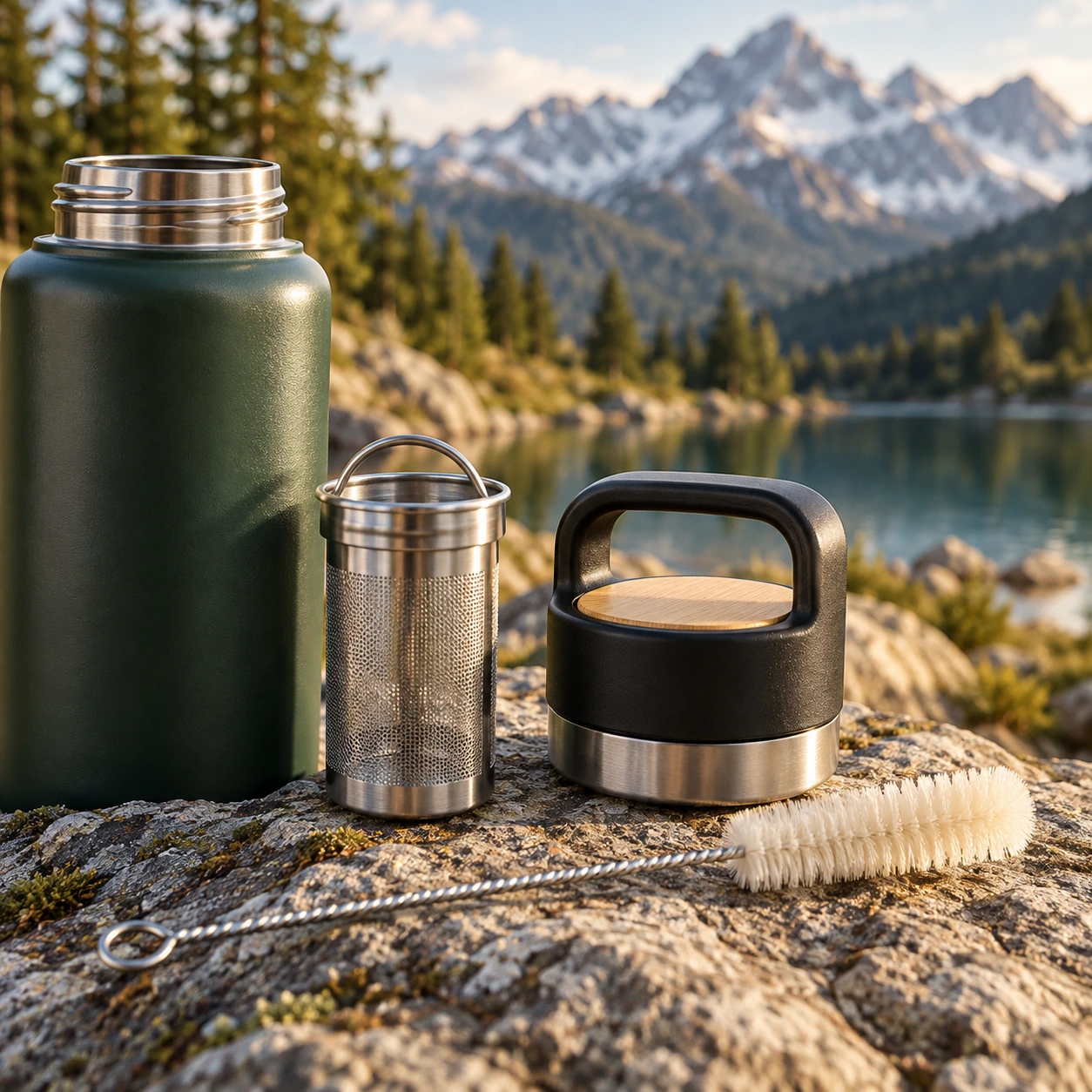 Drinking bottle accessory set with bottle in alpine surroundings
