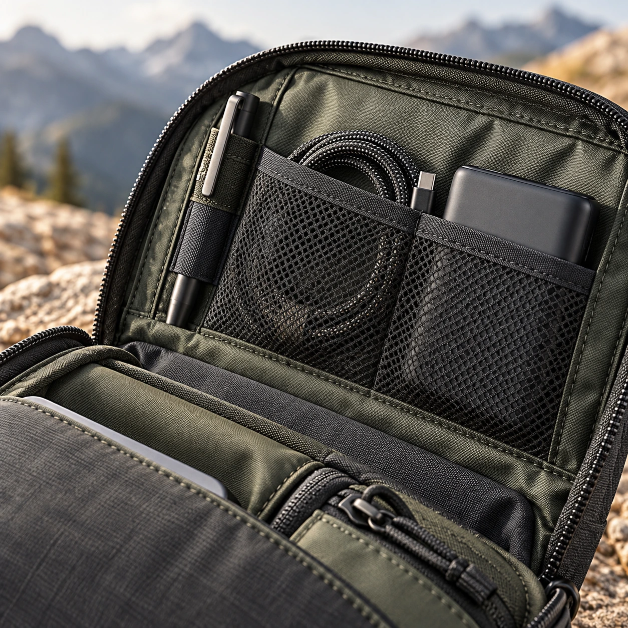 Detail view of the compartments of an olive green backpack organizer