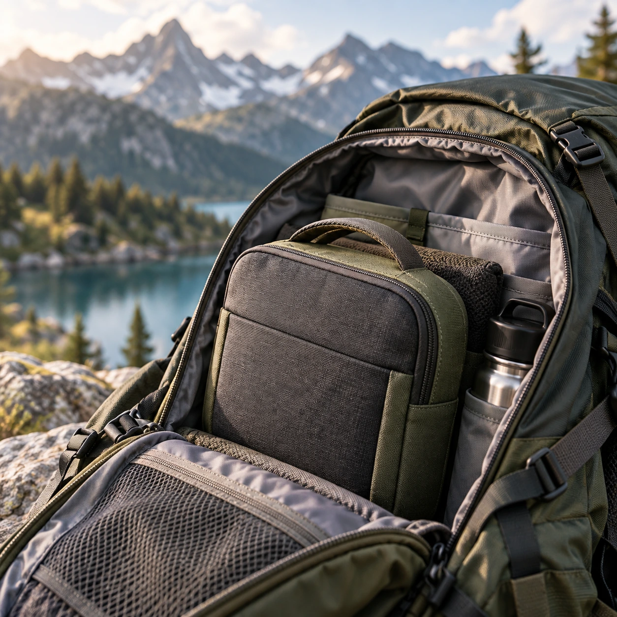Backpack organizer in an opened hiking backpack against a mountain backdrop