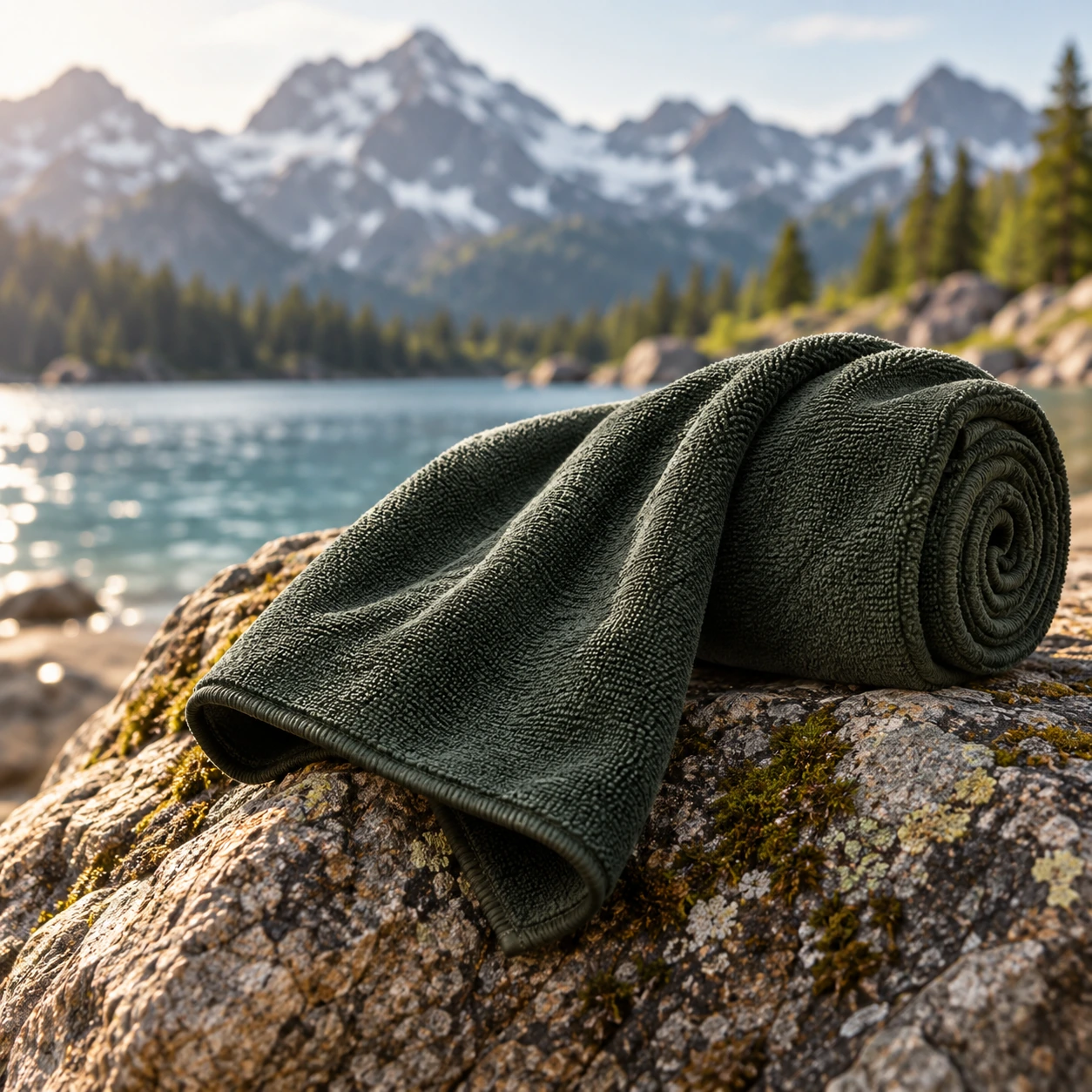 Olive green microfiber towel on a rock by a mountain lake