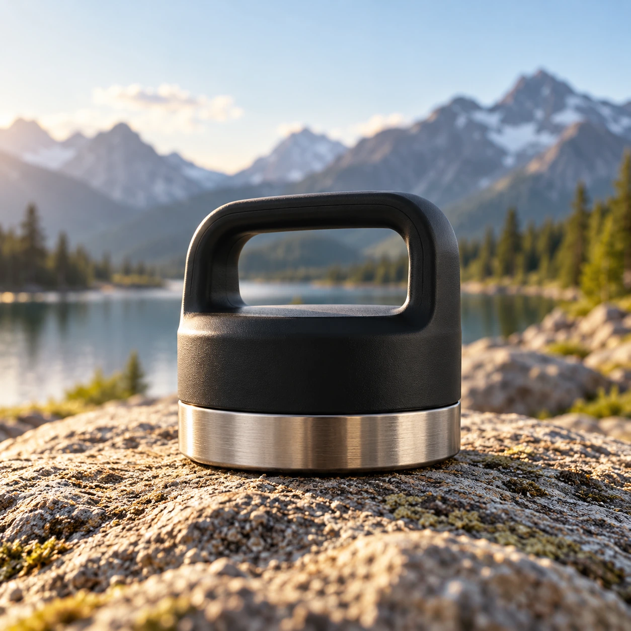 Black replacement lid on a rock in front of an alpine lake