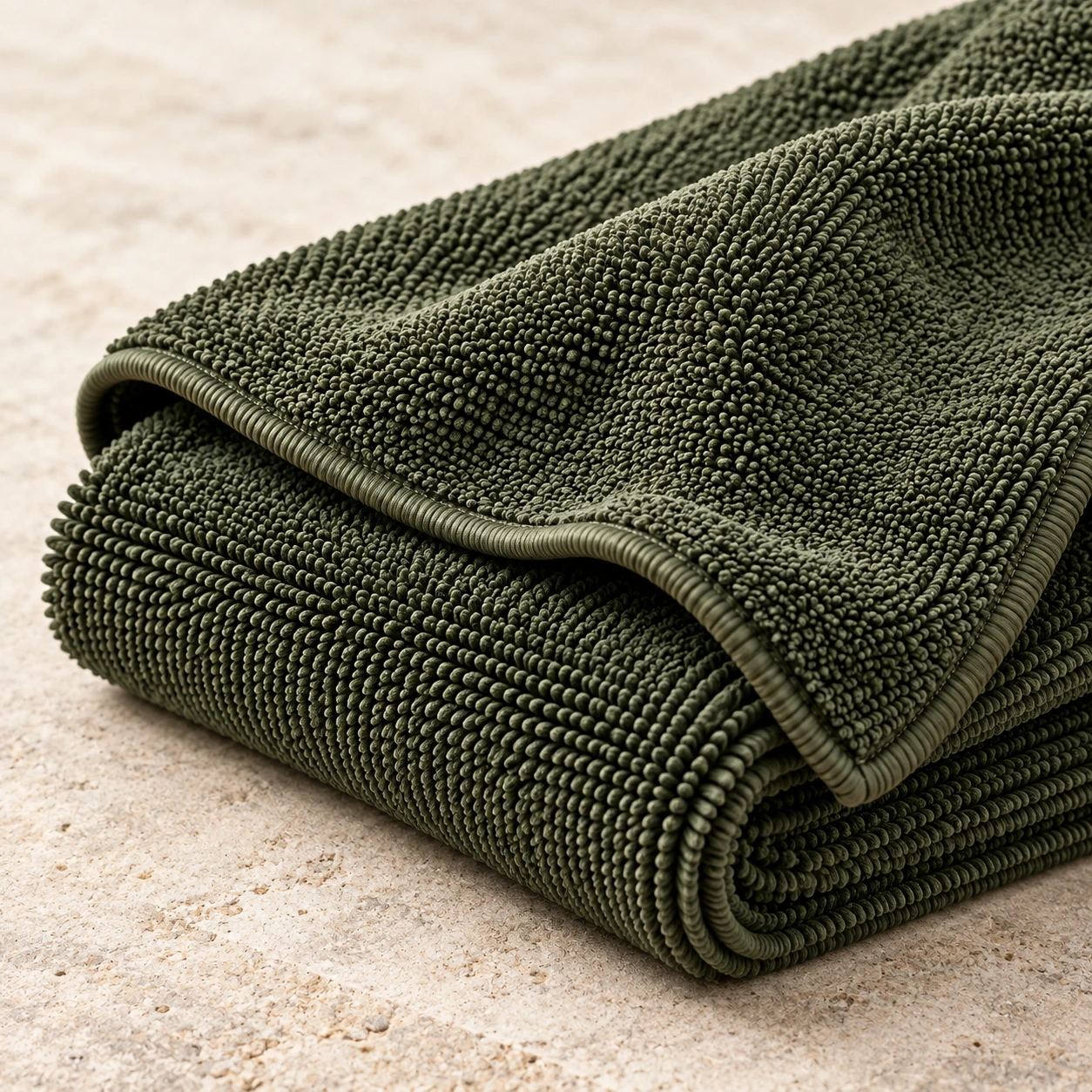 Detailed view of an olive green microfiber towel