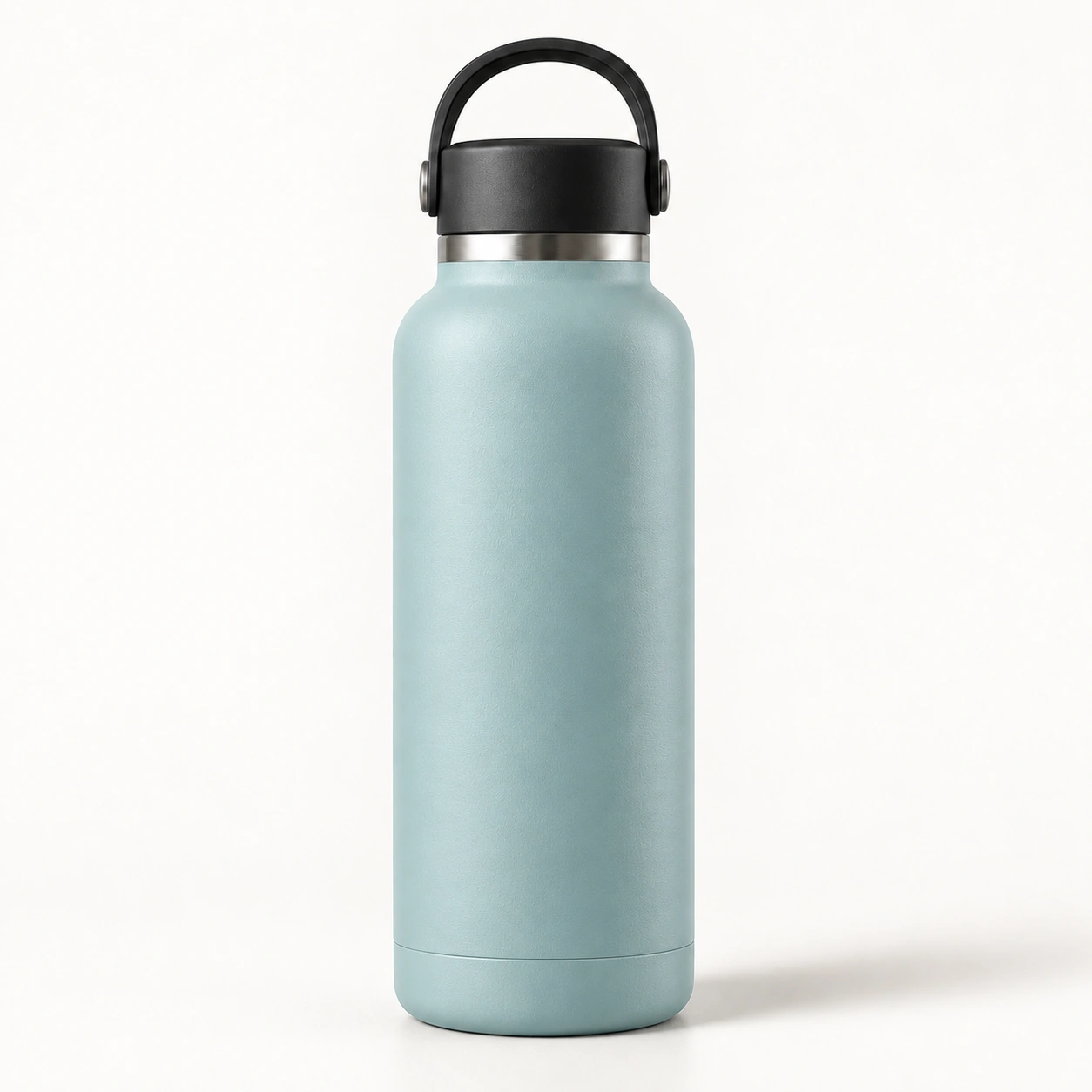 Light blue-green Fjell 500 water bottle with black carrying handle on a light background