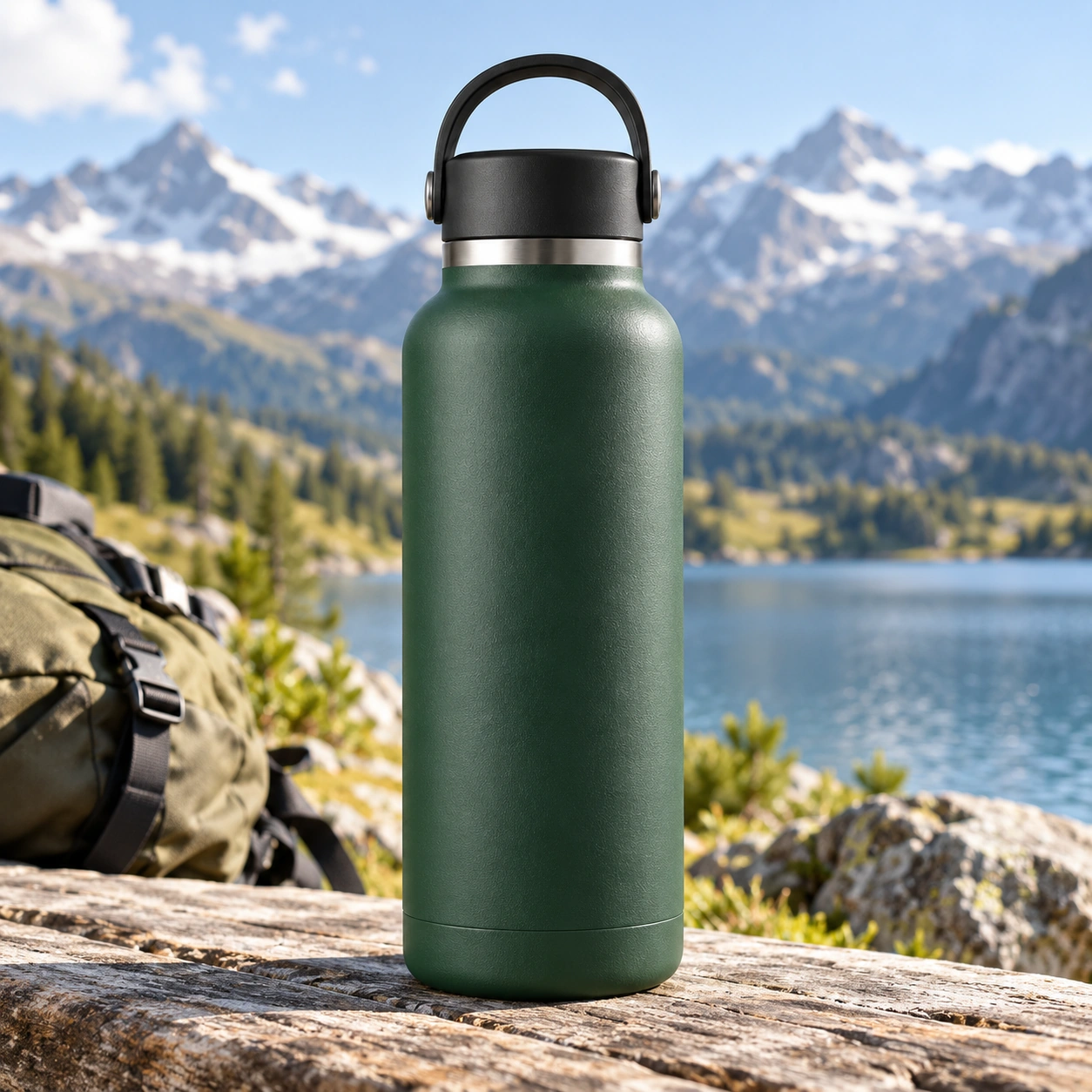 Dark green Fjell 500 water bottle next to a backpack at a mountain lake