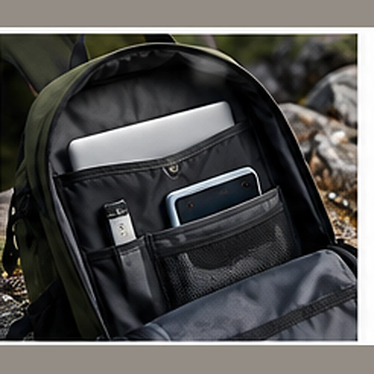 Photorealistic close-up view of the interior compartment of the NORDLYN Arven day backpack