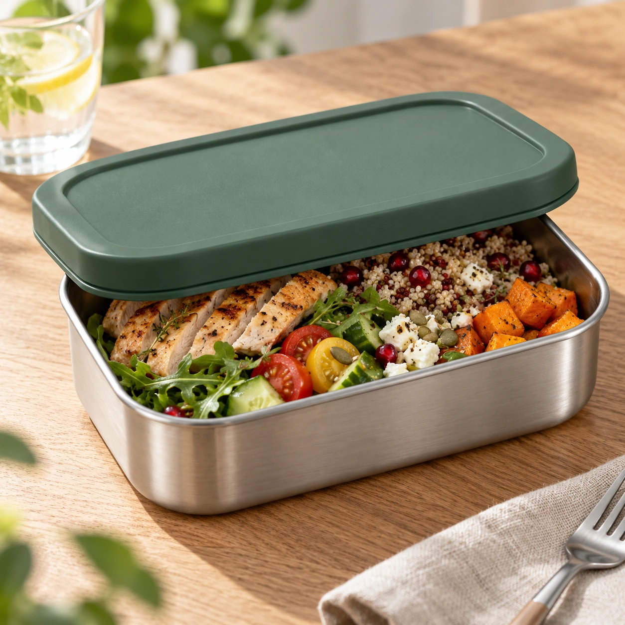 MERA Studio Bento One lunchbox with prepared lunch on wooden table